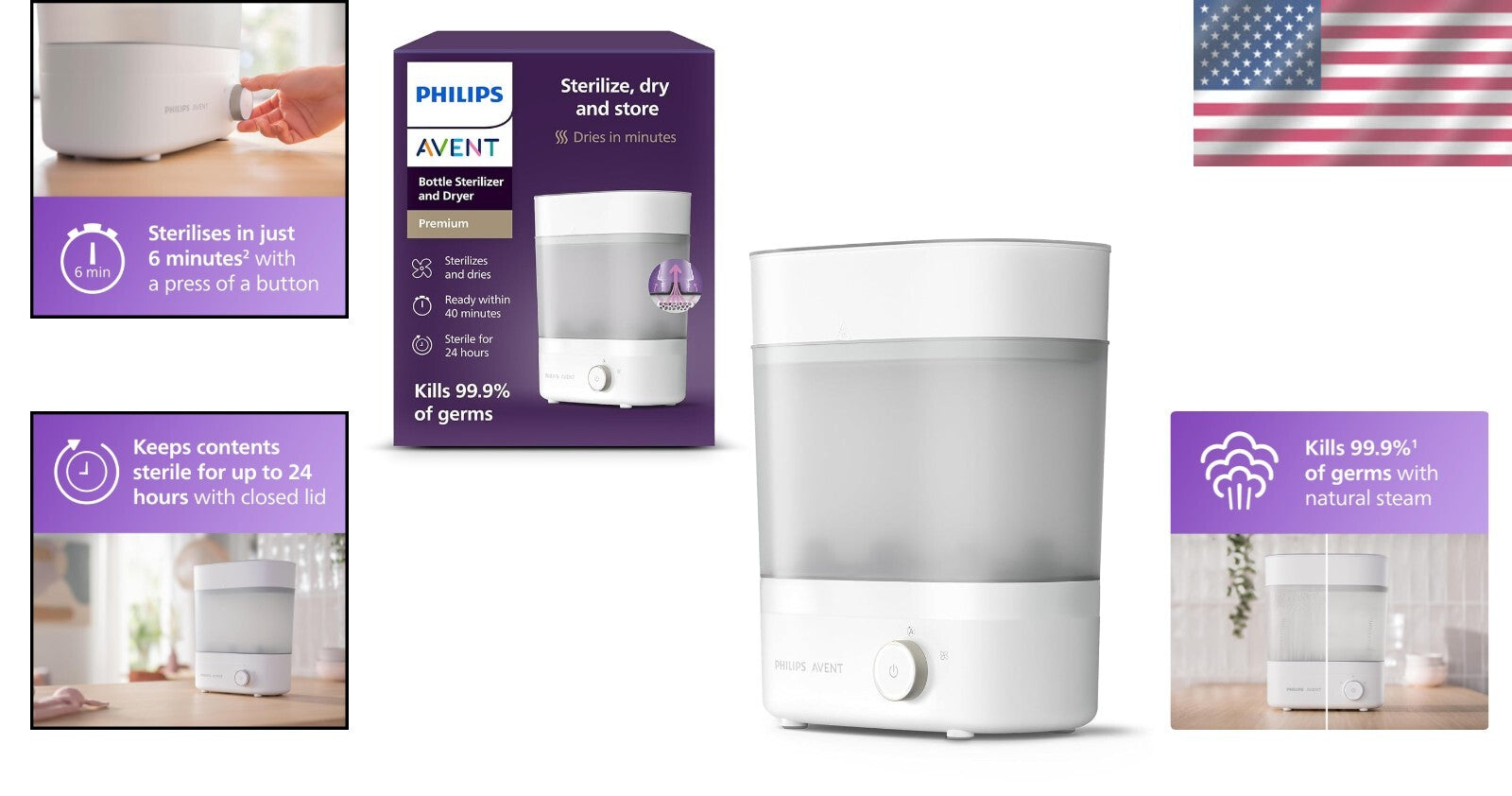 Chemical-Free Philips Baby Bottle Sterilizer & Dryer, Space-Saving, 40 Min Cycle