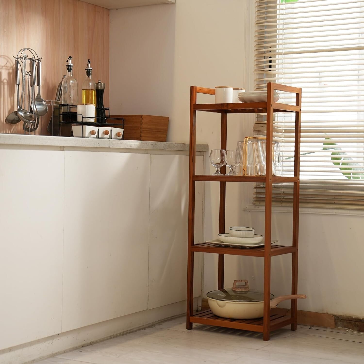 Elegant Freestanding Teak 4-Tier Bathroom and Kitchen Shelf - Easy Assembly