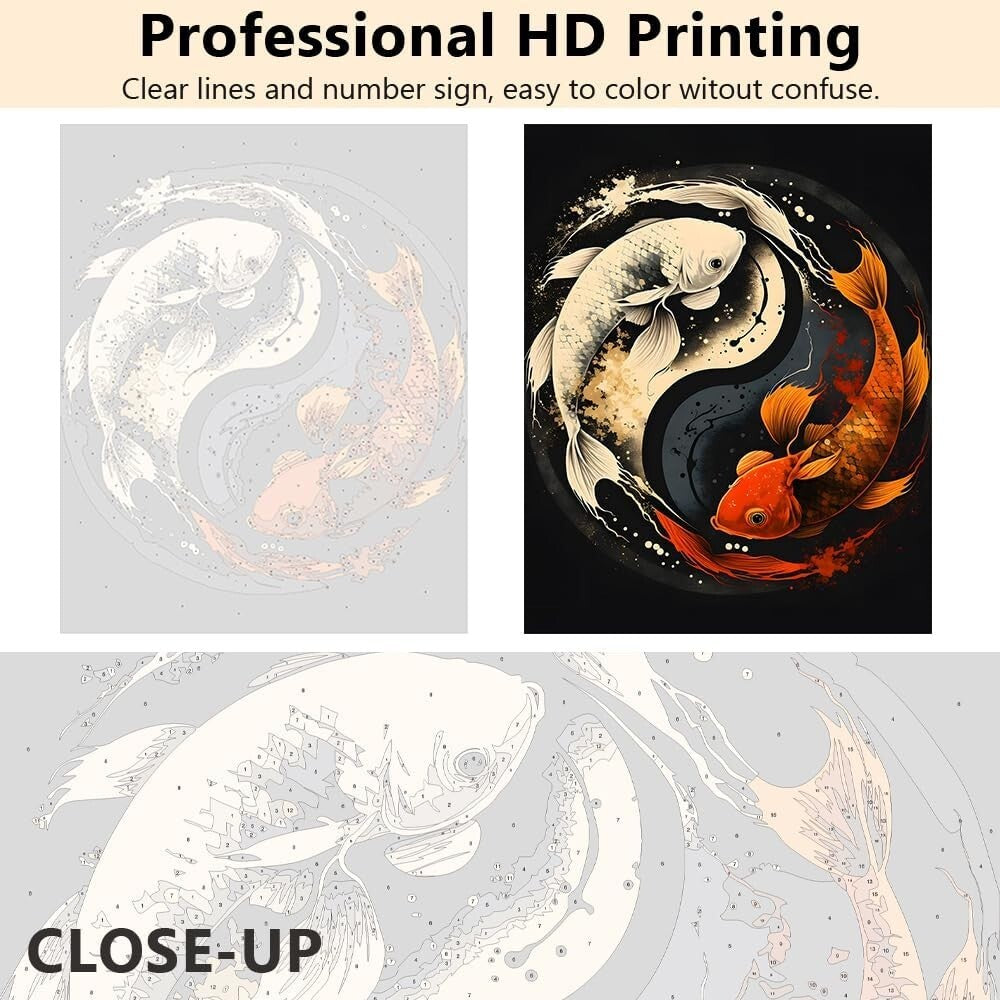 Koi Fish Paint by Numbers Kit - 16x20 Inch Framed Yin Yang Design for Beginners