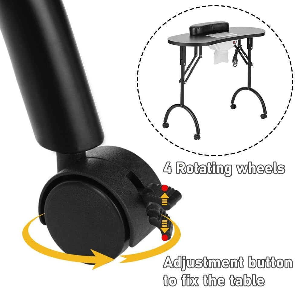 Folding Beauty Manicure Table with Safety Lock Legs & Cushion Wrist Pad, Black