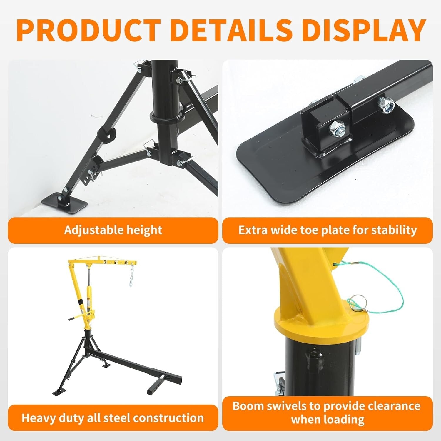 1000 lbs Portable Hydraulic Swivel Crane for Trucks - Adjustable Boom Capacity