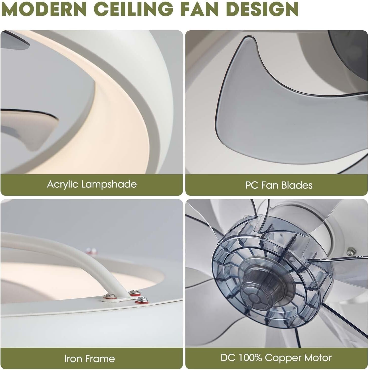20" Modern Flush Mount Ceiling Fan with LED Lights - Voice Control & 6 Speeds
