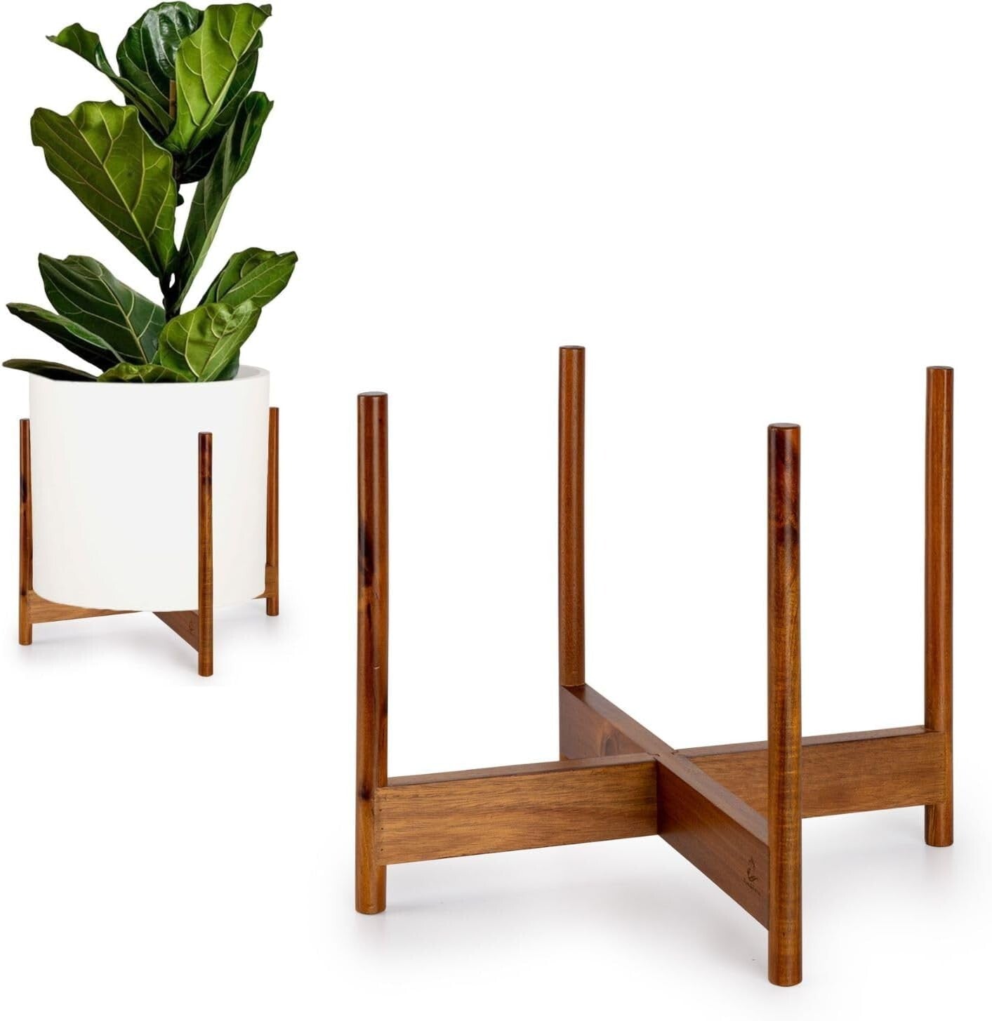 Elegant Mid Century Acacia Wood Plant Stand - Fits 14.9 Inch Pots, No Assembly
