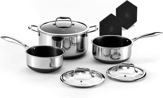 Stainless Steel Nonstick Pot Set with Glass Lids & Silicone Trivets - 8-Piece
