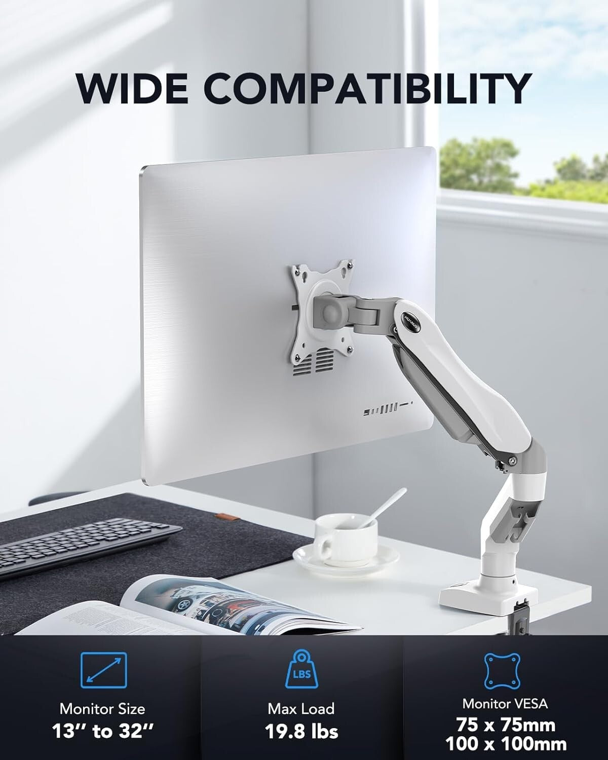 Adjustable VESA Monitor Arm, For 13-32 Inch Monitors - Sturdy Gas Spring Design