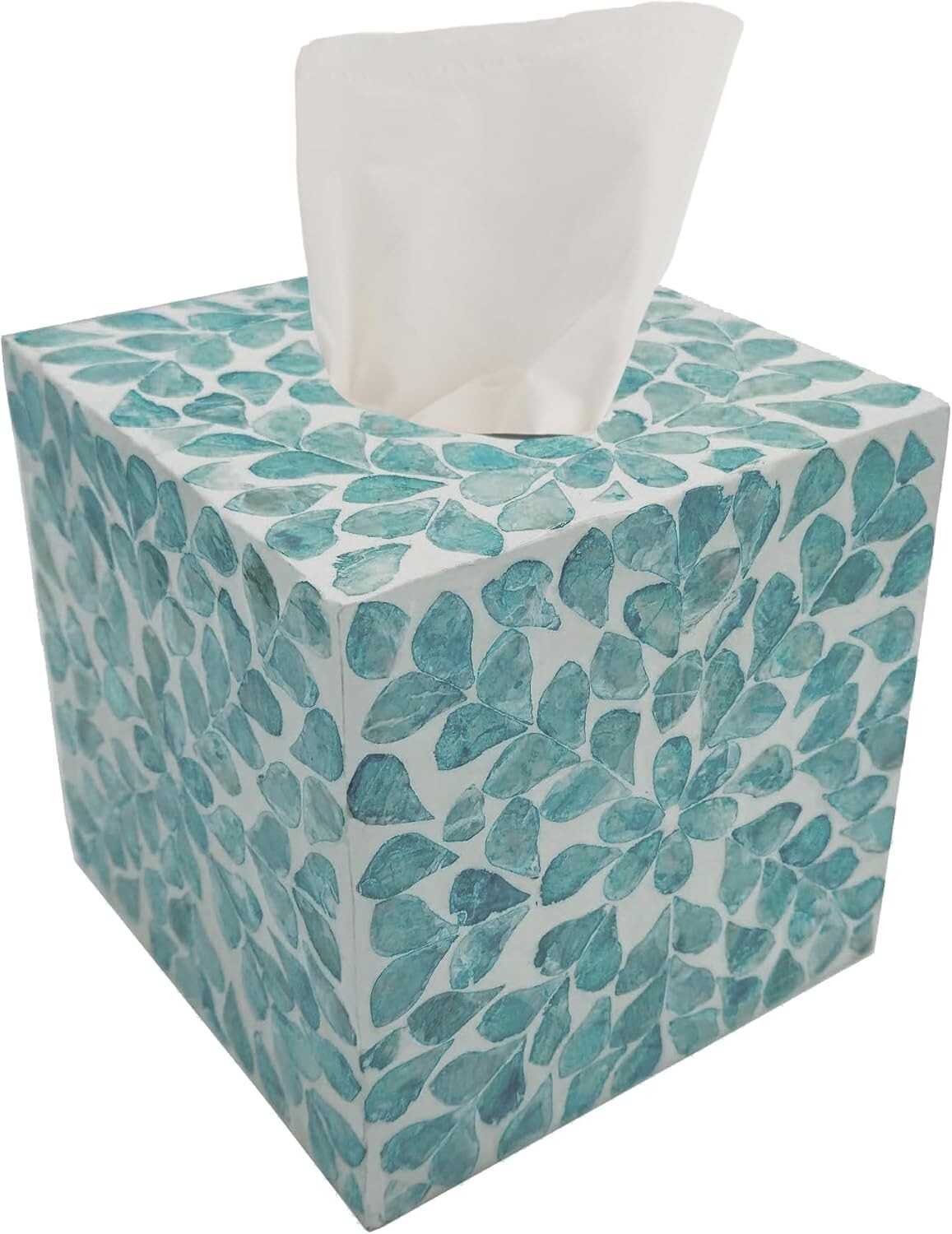 5.9-Inch Mother of Pearl Cube Tissue Box Cover - Rustic Teal Floral Decor