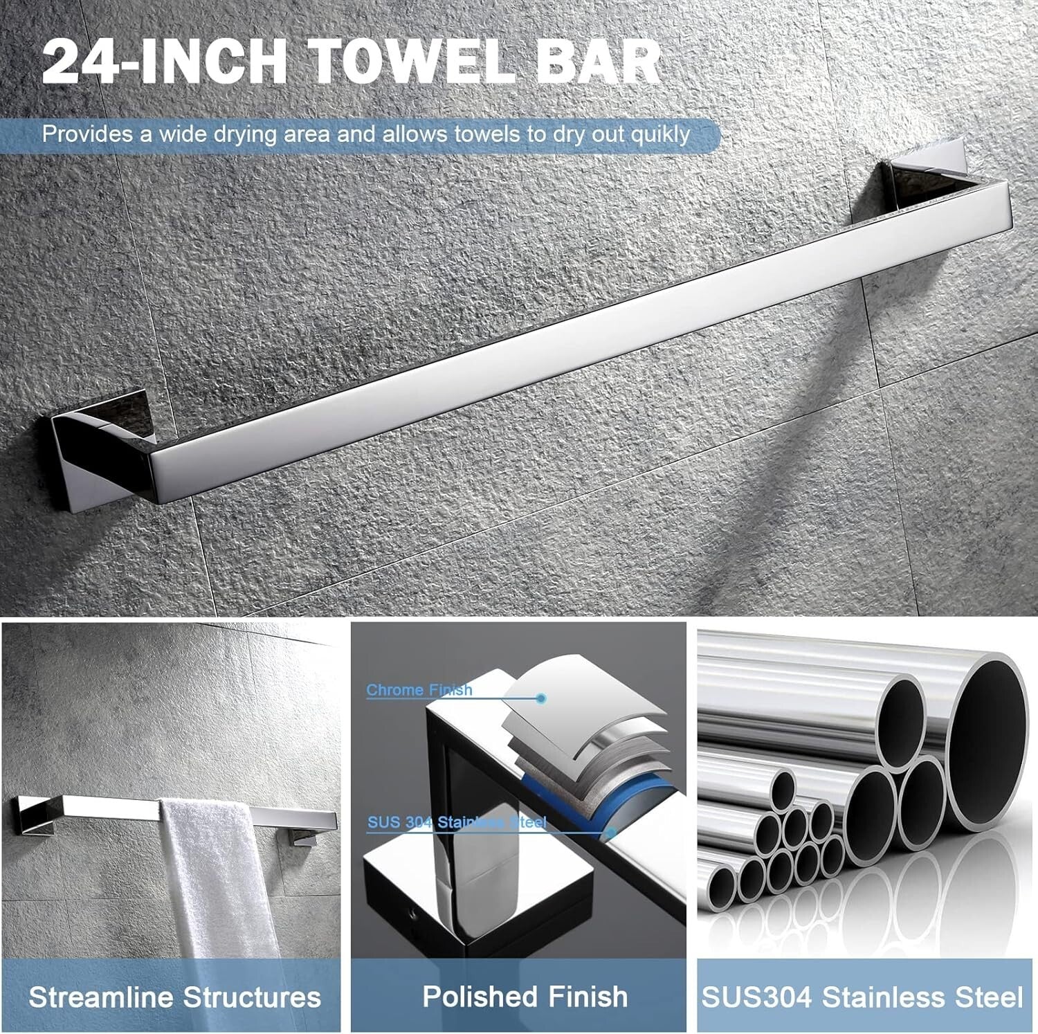 Elegant 4-Piece Wall Mounted Towel Bar Set - Polished Stainless Steel Finish