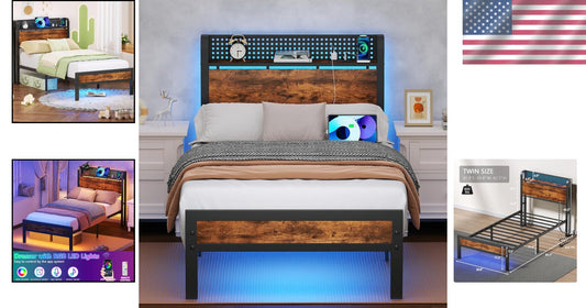Functional Twin Bed Frame with LED Lights, Wood Headboard & Under-Bed Storage