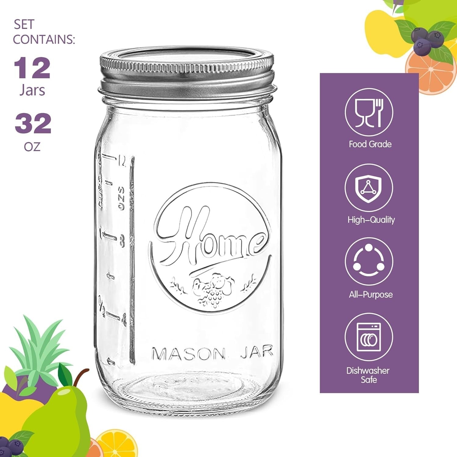 Clear Glass Mason Jars - 12 Pack 32 oz for Leafy Greens, Canning & Kitchen Decor