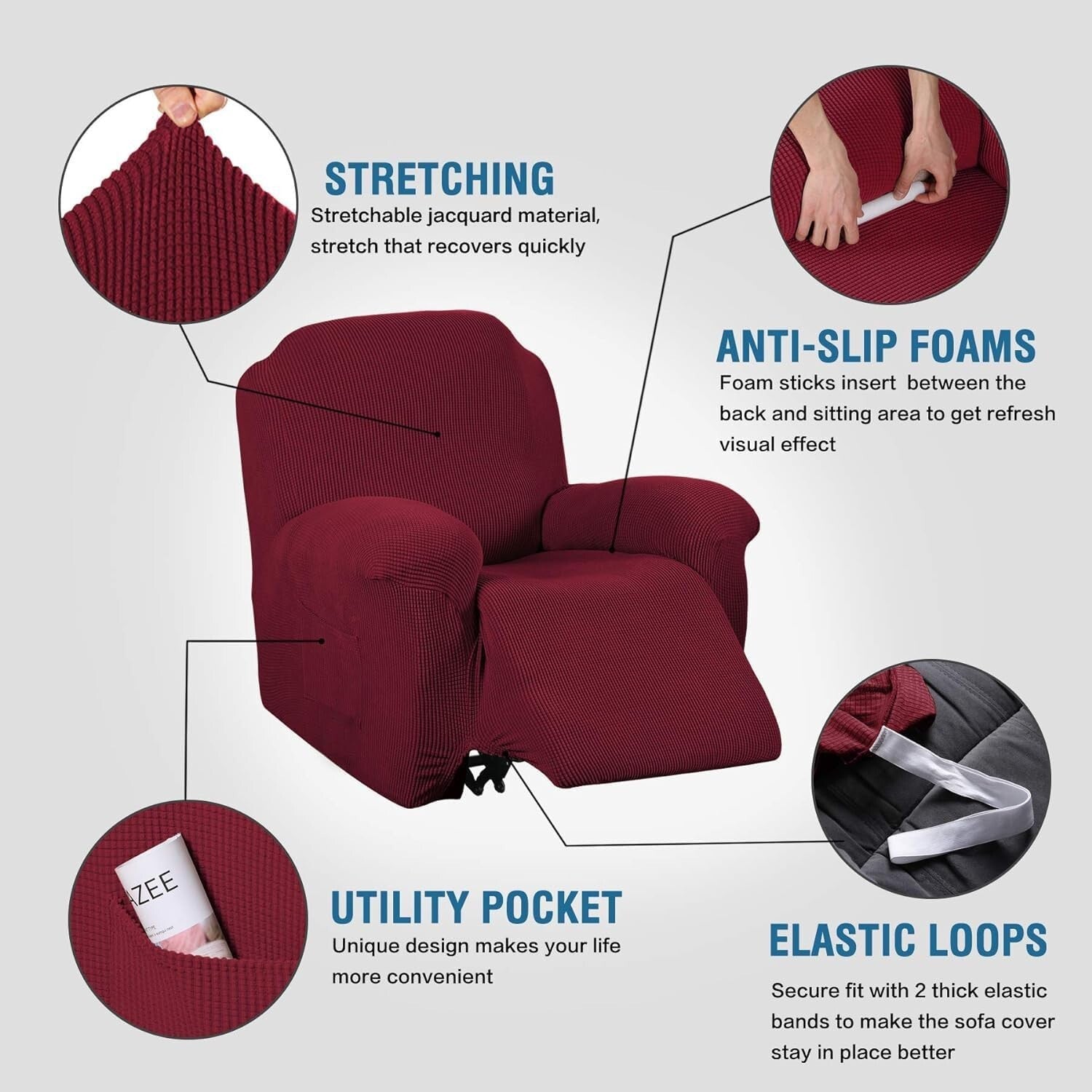 Non-Slip Burgundy Recliner Cover for Standard & Electric Chairs - 1 Pack