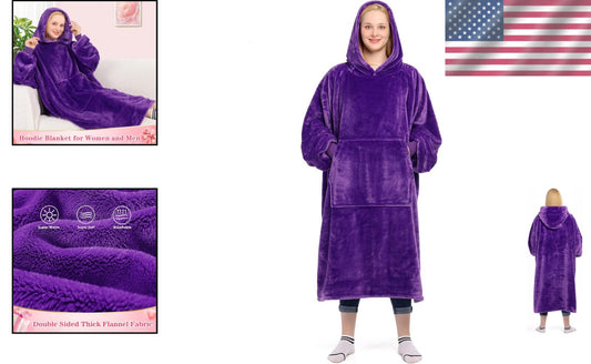 Fluffy Violet Hooded Blanket with Sleeves - Perfect for Lounging & Napping
