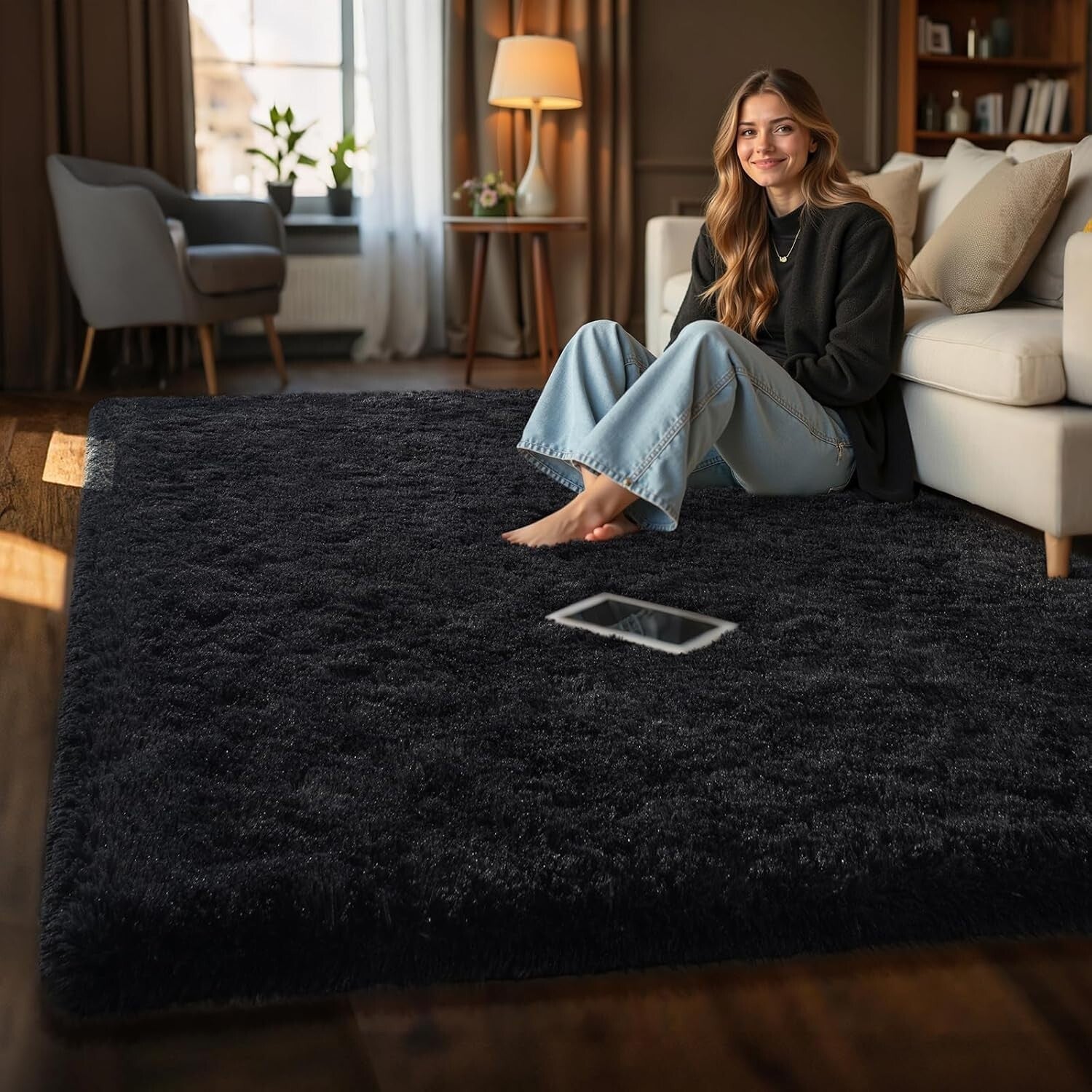 Fluffy Black Area Rug 6' x 9' - Machine Made Soft Rug for Kids & Living Rooms