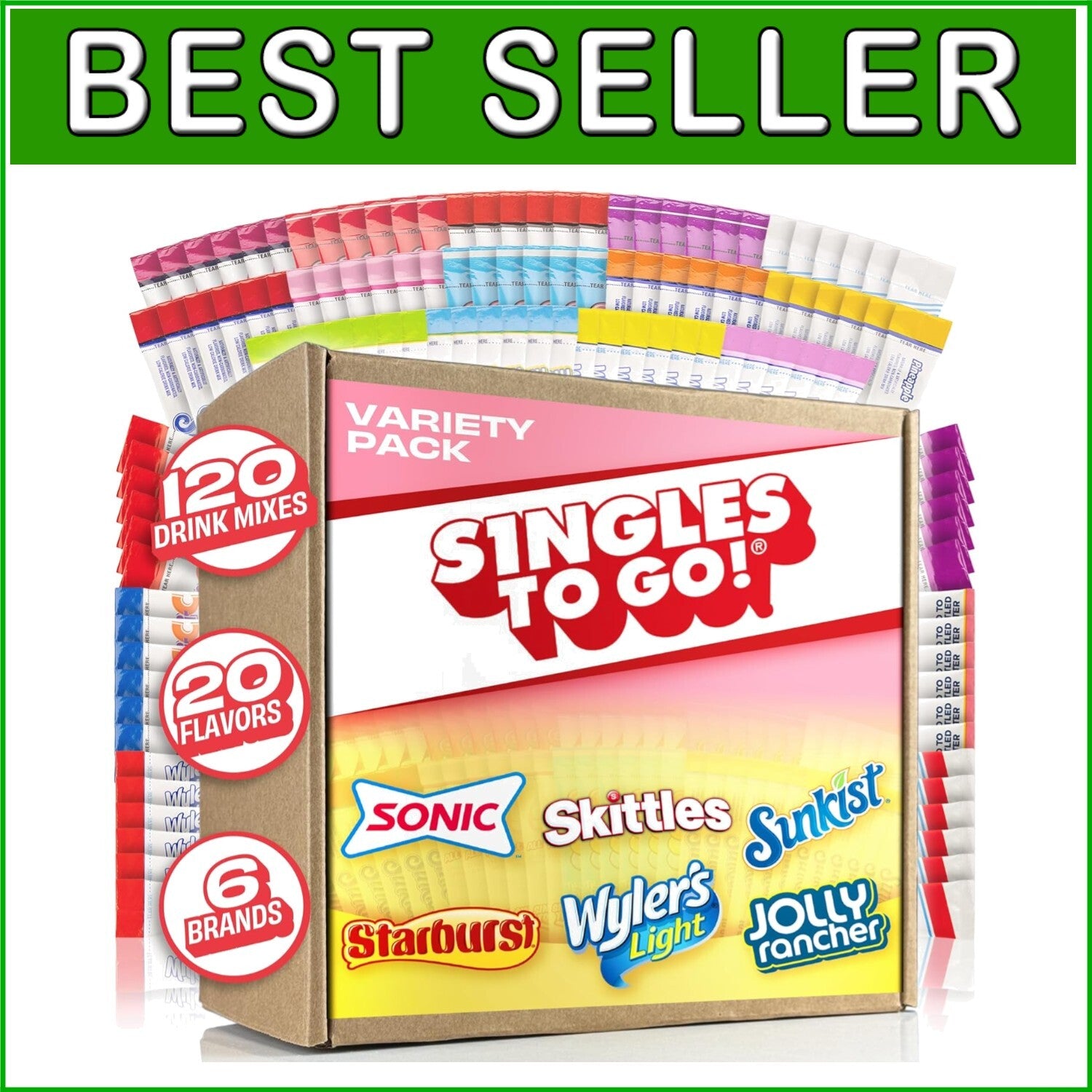 120 Count Drink Mix Pack - Sugar-Free Water Flavorings by Skittles, Sonic & More