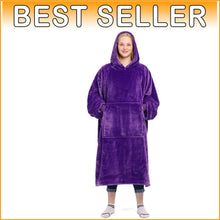 Load image into Gallery viewer, Fluffy Violet Hooded Blanket with Sleeves - Perfect for Lounging &amp; Napping