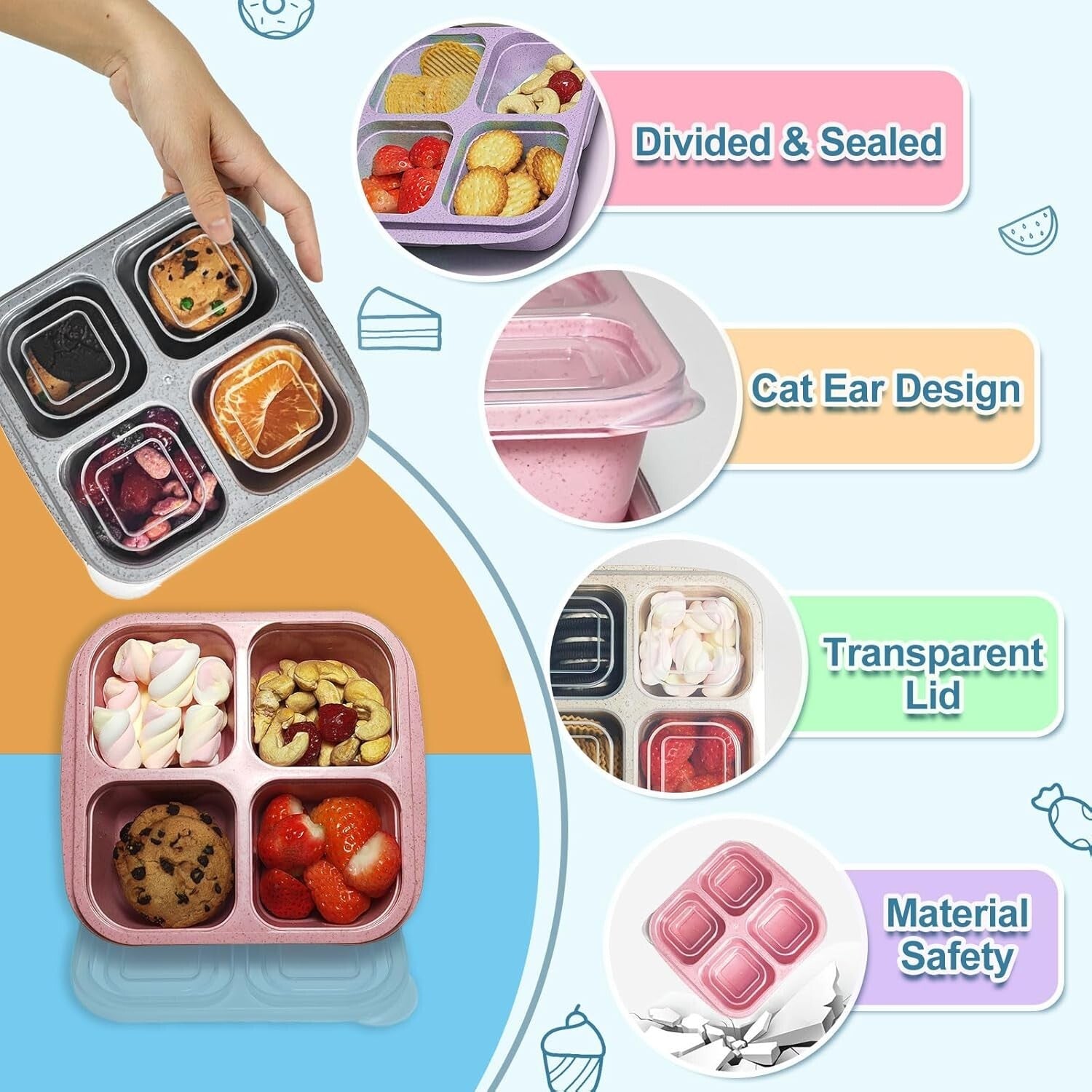 20 Pack BPA Free 4-Compartment Snack Containers - Microwave & Dishwasher Safe