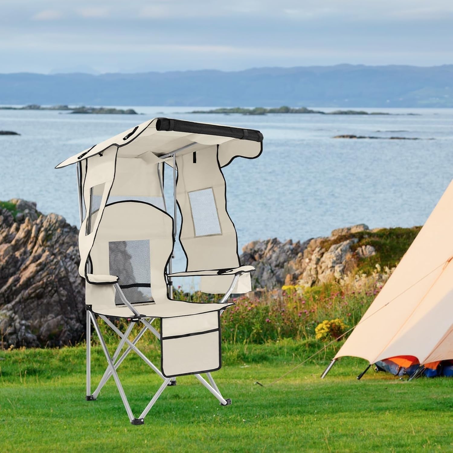 Heavy-Duty Camping Chair with Retractable Canopy & Extra Storage for Outdoors