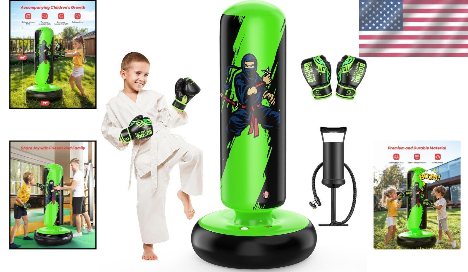 Durable 66-Inch Kids Boxing Fun: Inflatable Punching Bag & Gloves for Ages 5-12