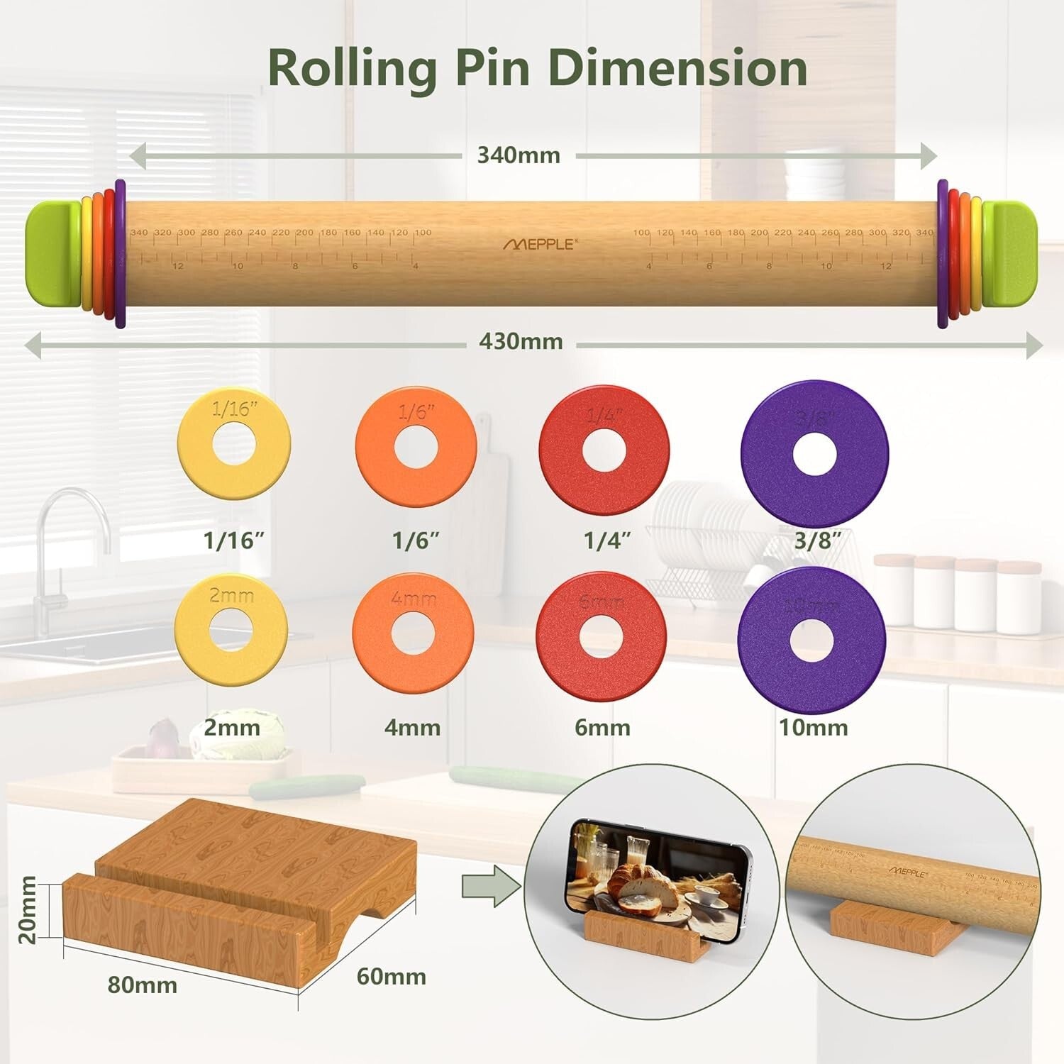 Adjustable Wooden Rolling Pin with Rings & Silicone Pastry Mat for Perfect Dough
