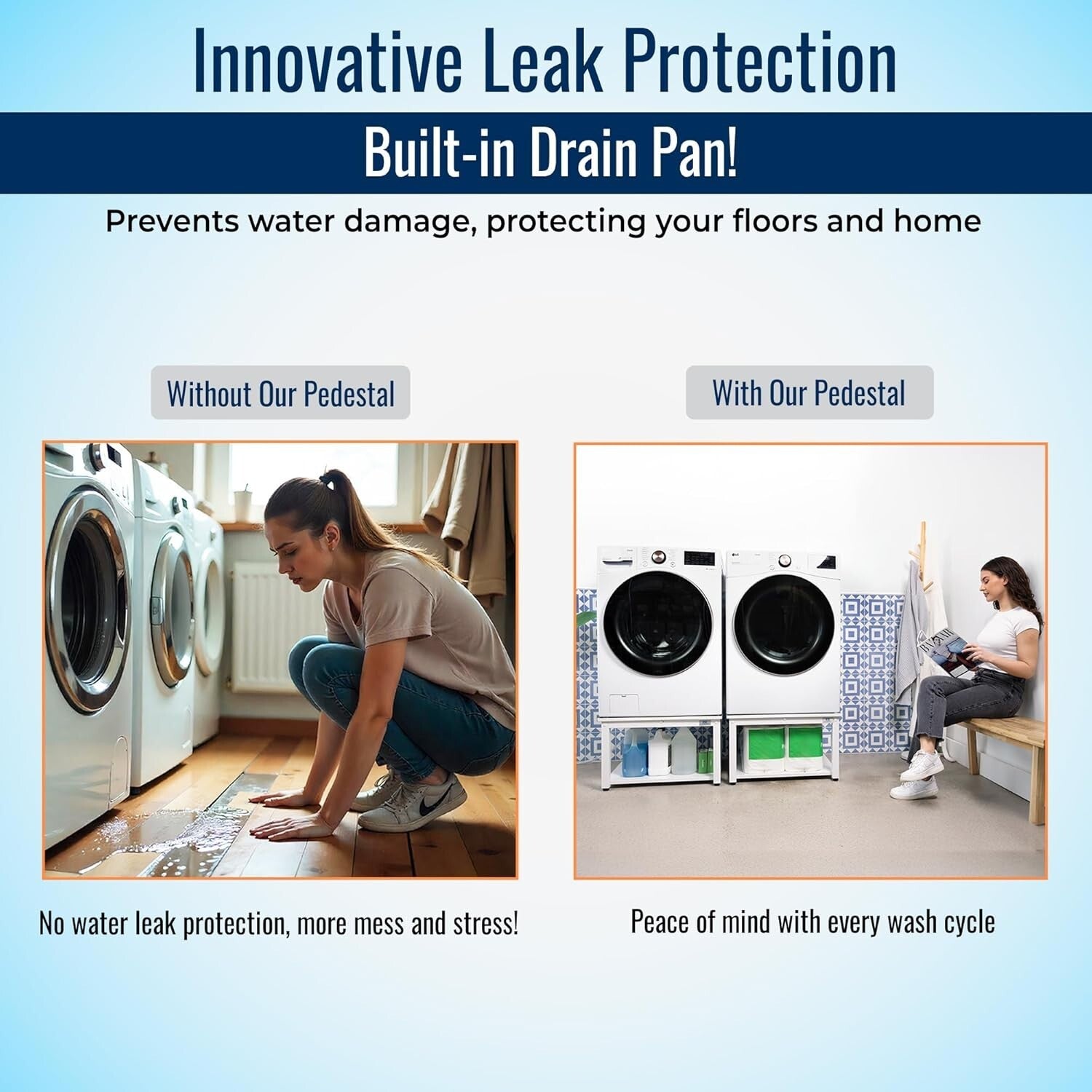 Reinforced Steel Laundry Pedestal - Ergonomic 16" Height, Leak-Proof System