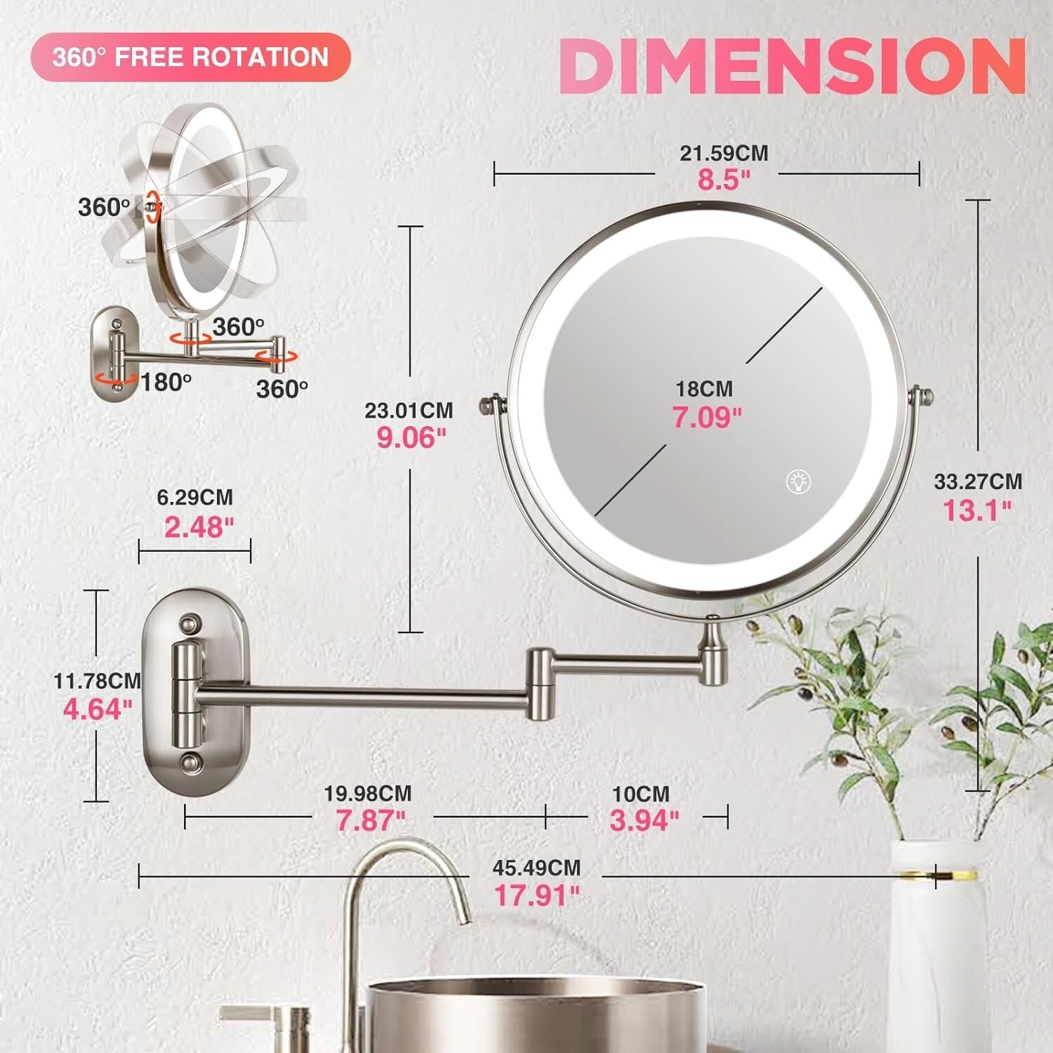 Double-Sided 20X/1X Makeup Mirror with Adjustable Brightness & 3 Color Lights