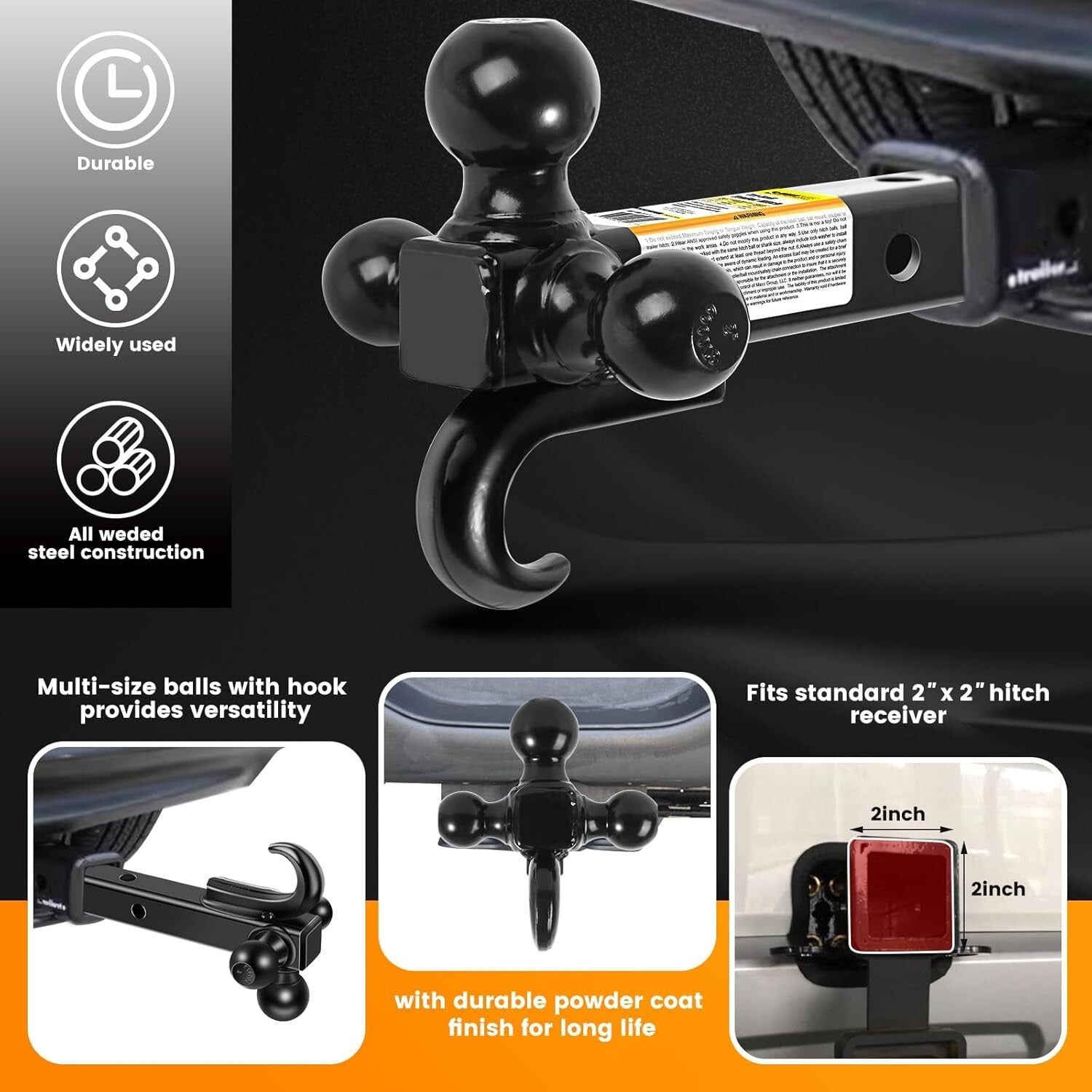 Durable Triple Ball Mount with 10,000 lbs Hook, Fits Class III and IV Receivers