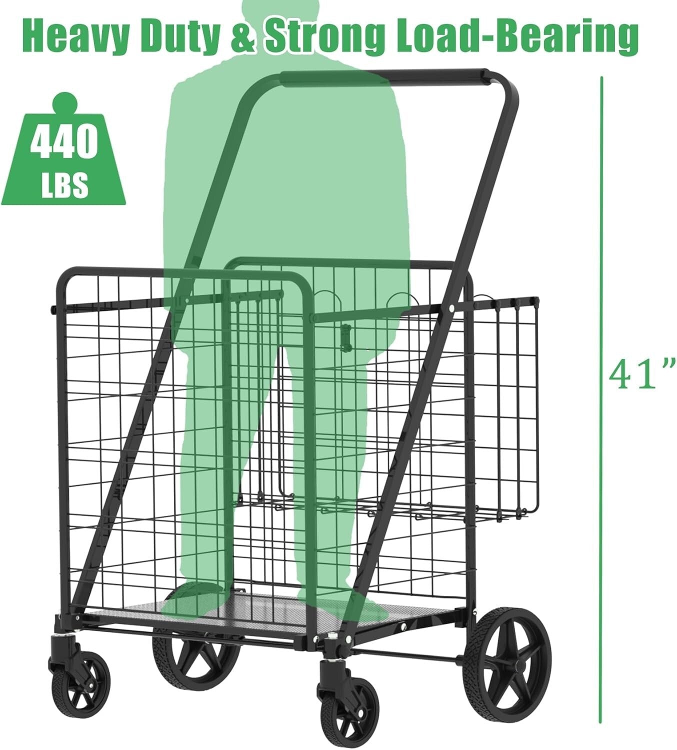 Heavy-Duty Folding Shopping Cart - 360° Swivel Wheels, Holds 440 LBS