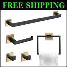 Load image into Gallery viewer, Premium Stainless Steel 5-Piece Black &amp; Gold Towel Bar Set for Modern Bathrooms
