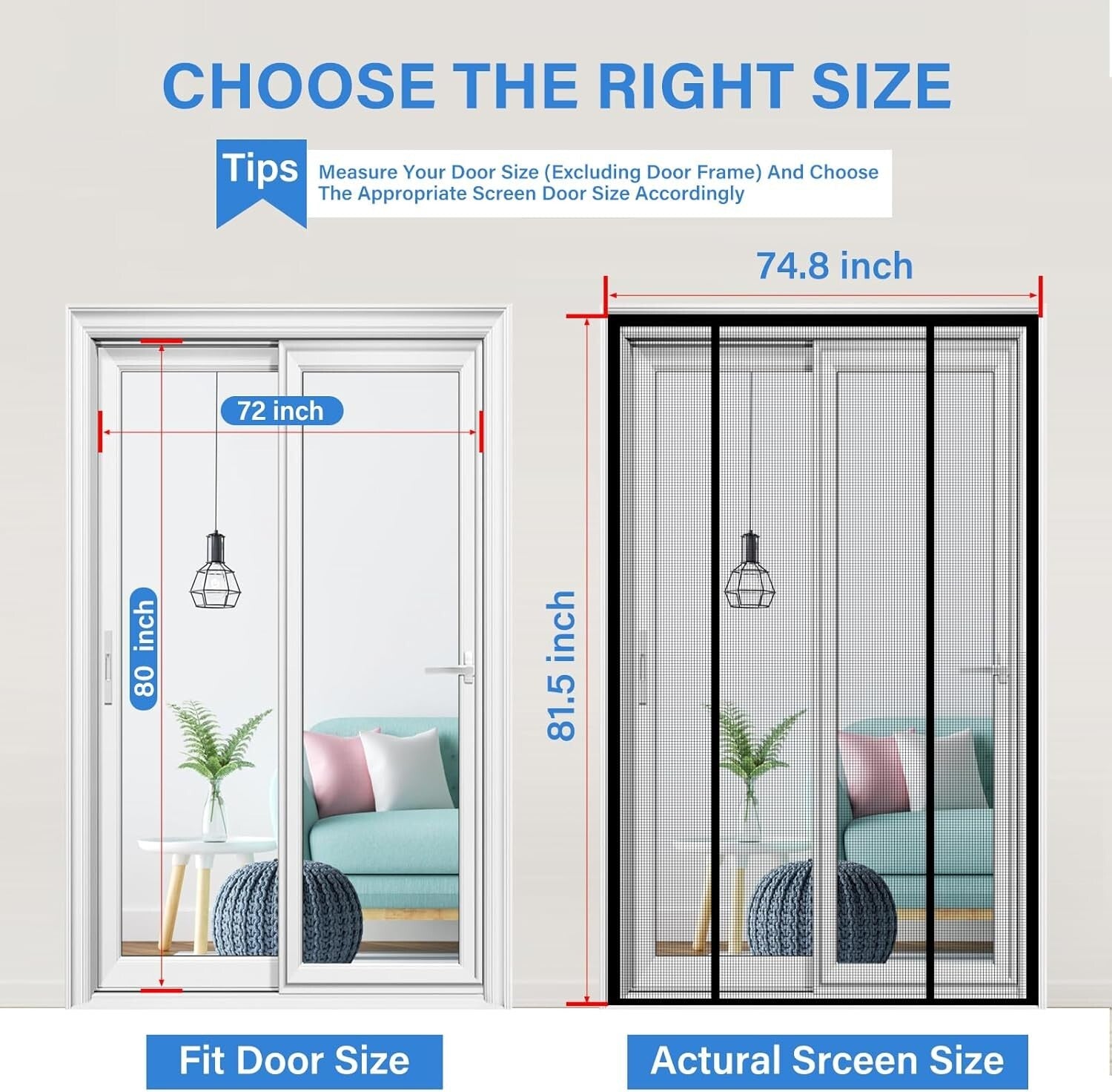 Tear-Resistant PET Magnetic Screen Door - Strong Magnet Closure, 72''x80''