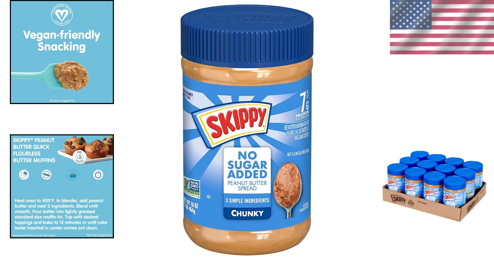 Chunky Peanut Butter Spread No Sugar Added - 12 Pack of 16 Ounce Jars