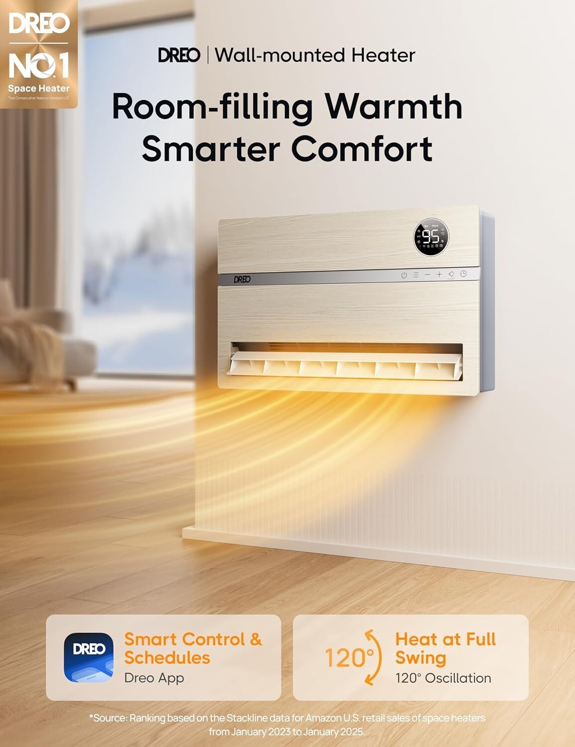 Versatile Electric Space Heater - Wall-Mounted with 120° Oscillation & Remote