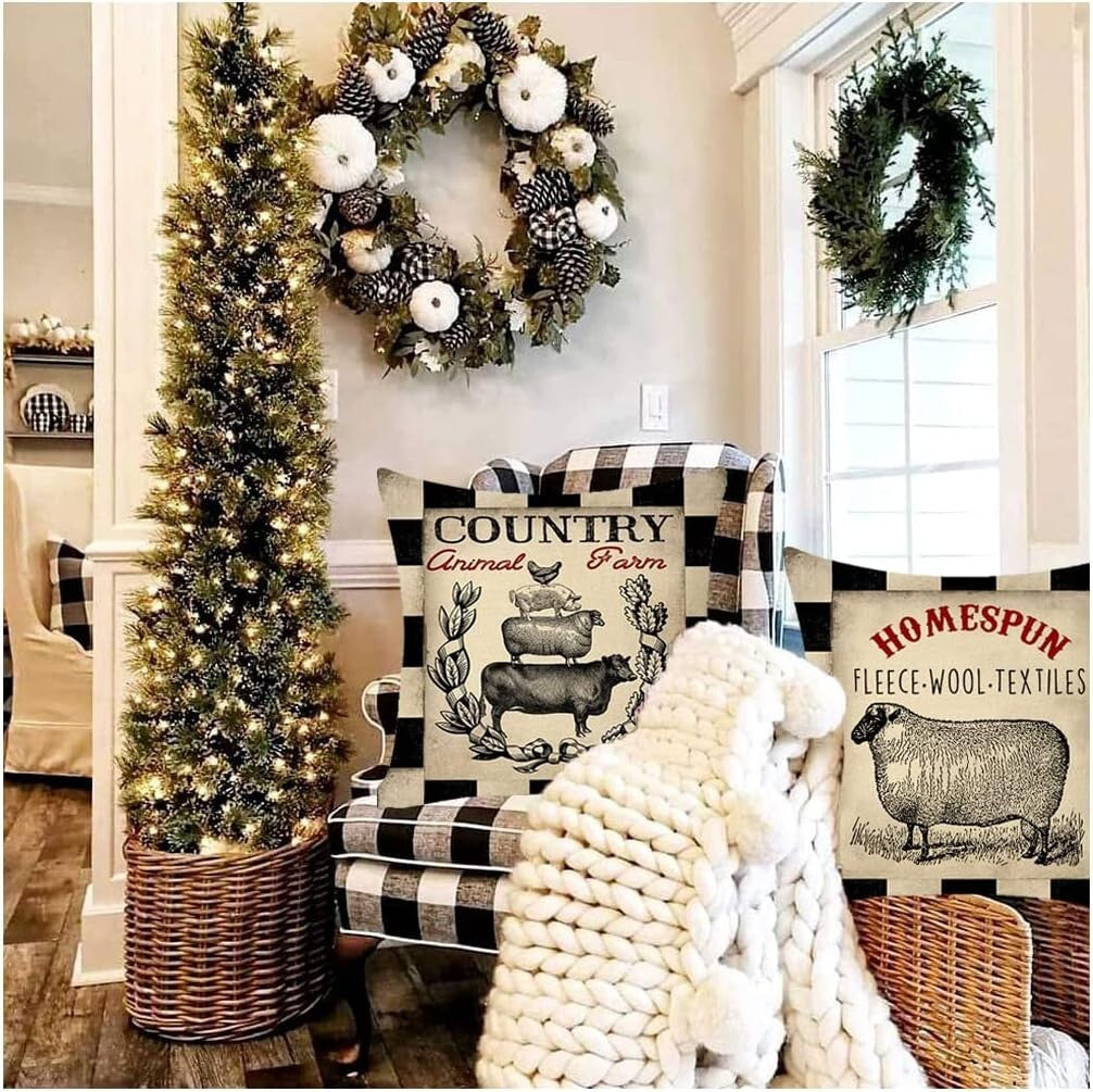 Cozy Cotton Linen 18x18 Farmhouse Animal Pillow Covers – Set of 4 with Zipper