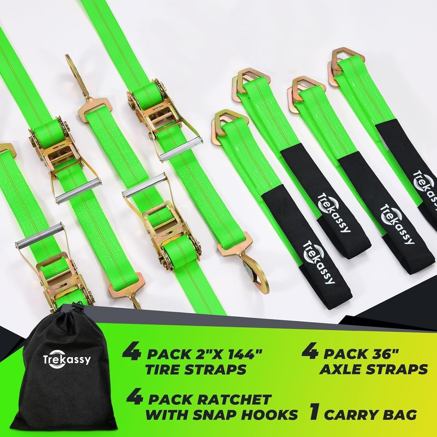 All-in-One Car Tie Down Strap Kit - 10K Break Strength, 4 Ratchet & Axle Straps