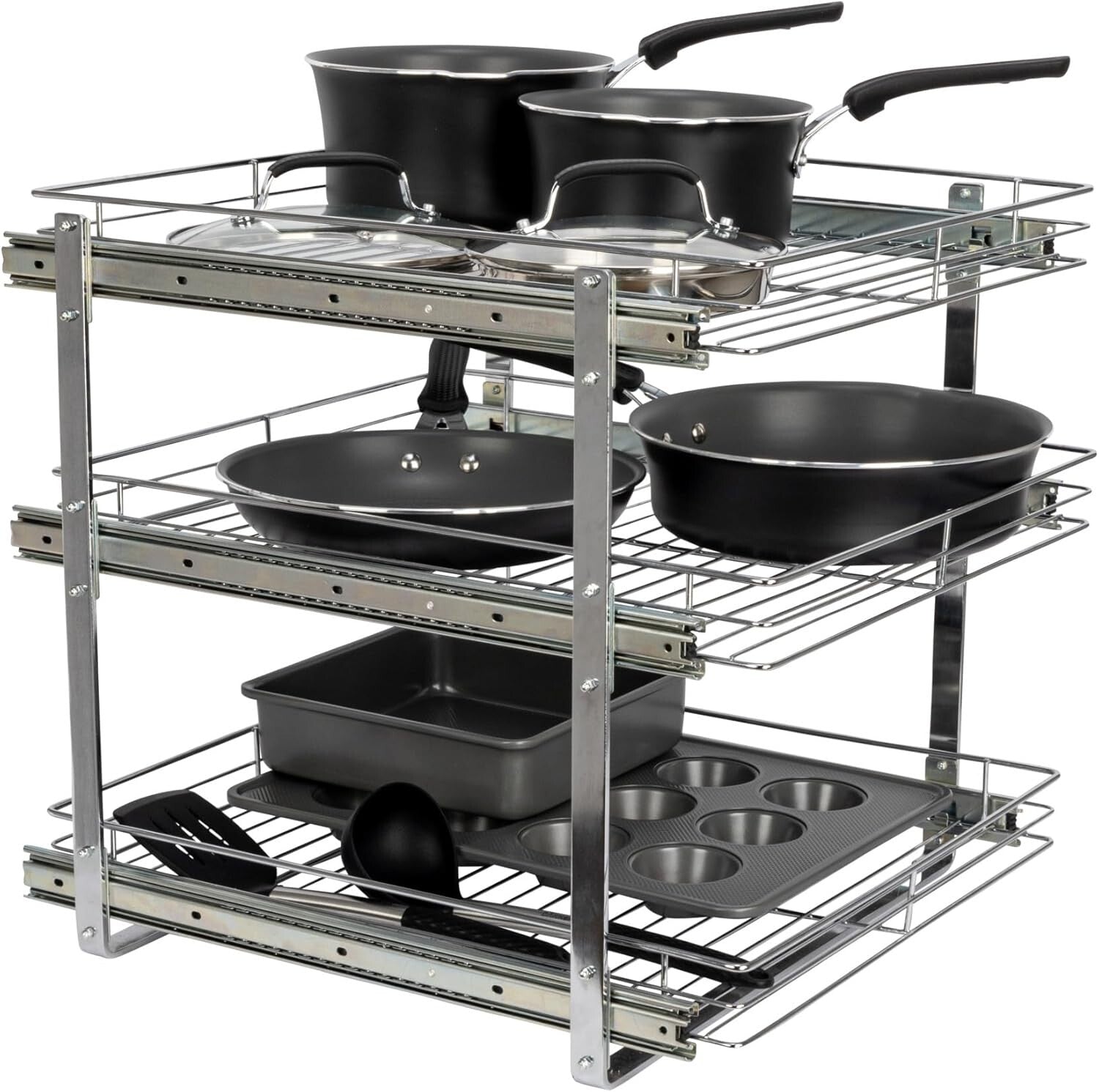 Durable 3-Tier Chrome Kitchen Slide-Out Organizer for Efficient Cookware Storage