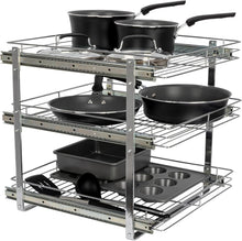 Load image into Gallery viewer, Durable 3-Tier Chrome Kitchen Slide-Out Organizer for Efficient Cookware Storage