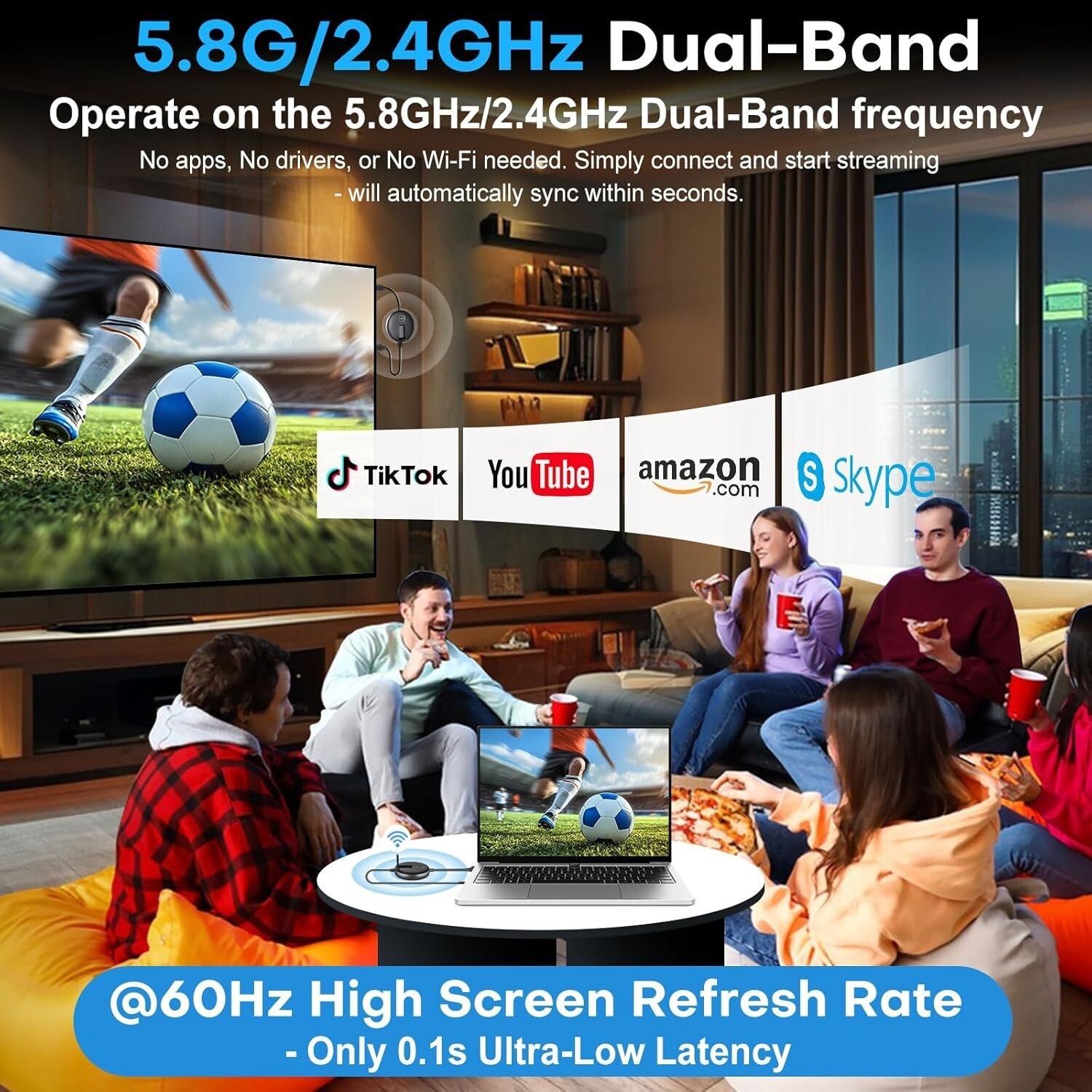 Advanced Wireless HDMI Setup with 1TX, 2RX, USB-C Adapter, 60Hz Streaming