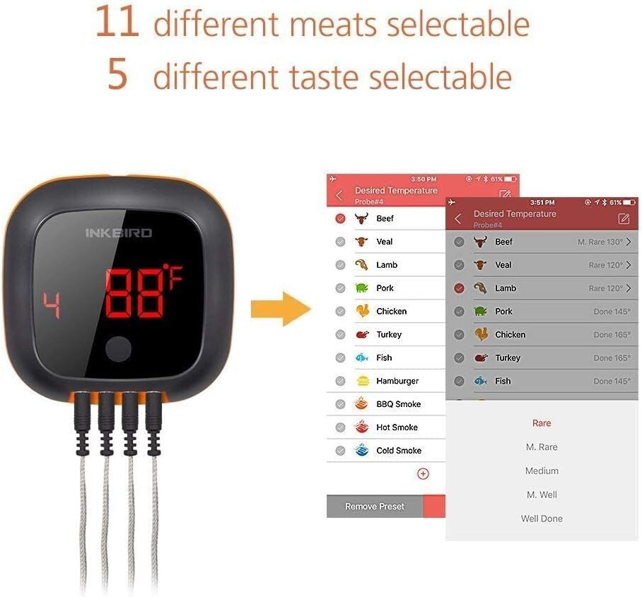 Digital BBQ Meat Thermometer - Bluetooth, 4 Probes, Timer, 150 ft Wireless Range