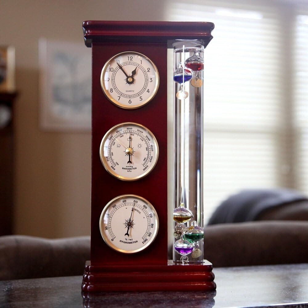 Classic Gold Weather Station with Galileo Thermometer & Multi-Colored Spheres
