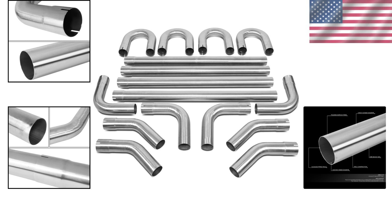 DIY Universal Exhaust Tubing Kit - 16 Pcs 3.0" Stainless Steel Mandrel Bends