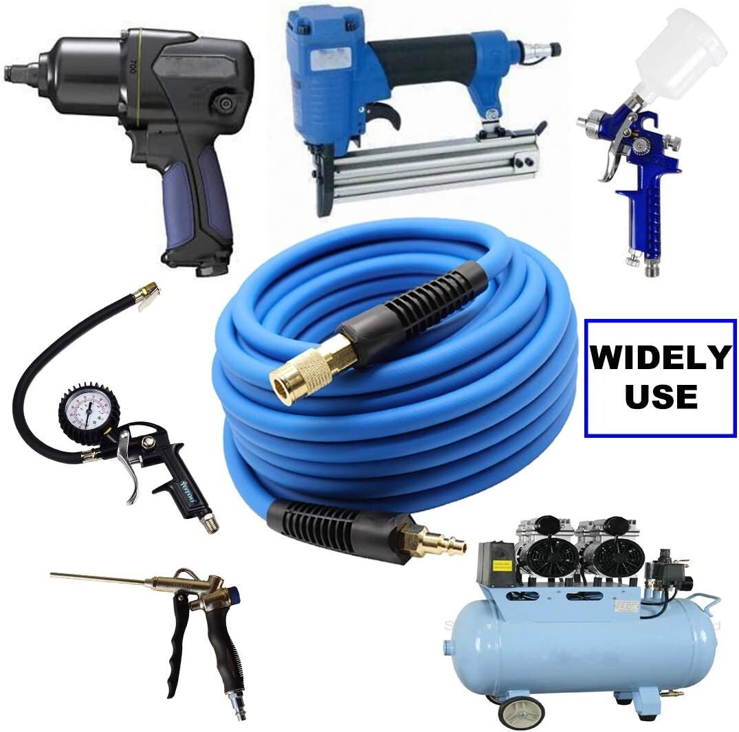 Heavy Duty 3/8-Inch Air Hose 100 Feet - Kink Resistant, Blue with Quick Couplers