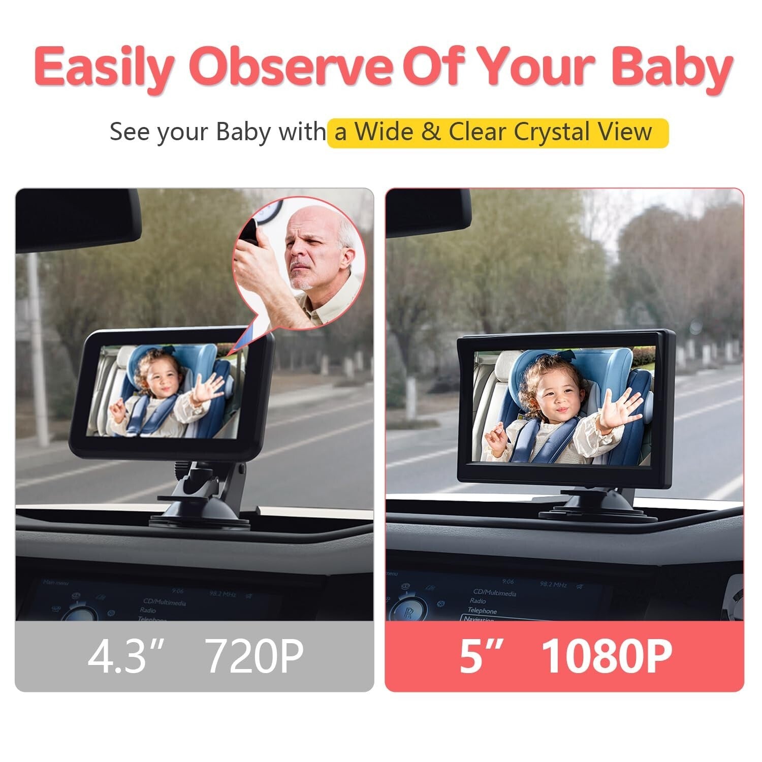 Easy-Install Baby Car Camera with 1080p Display & Night Vision for Road Safety