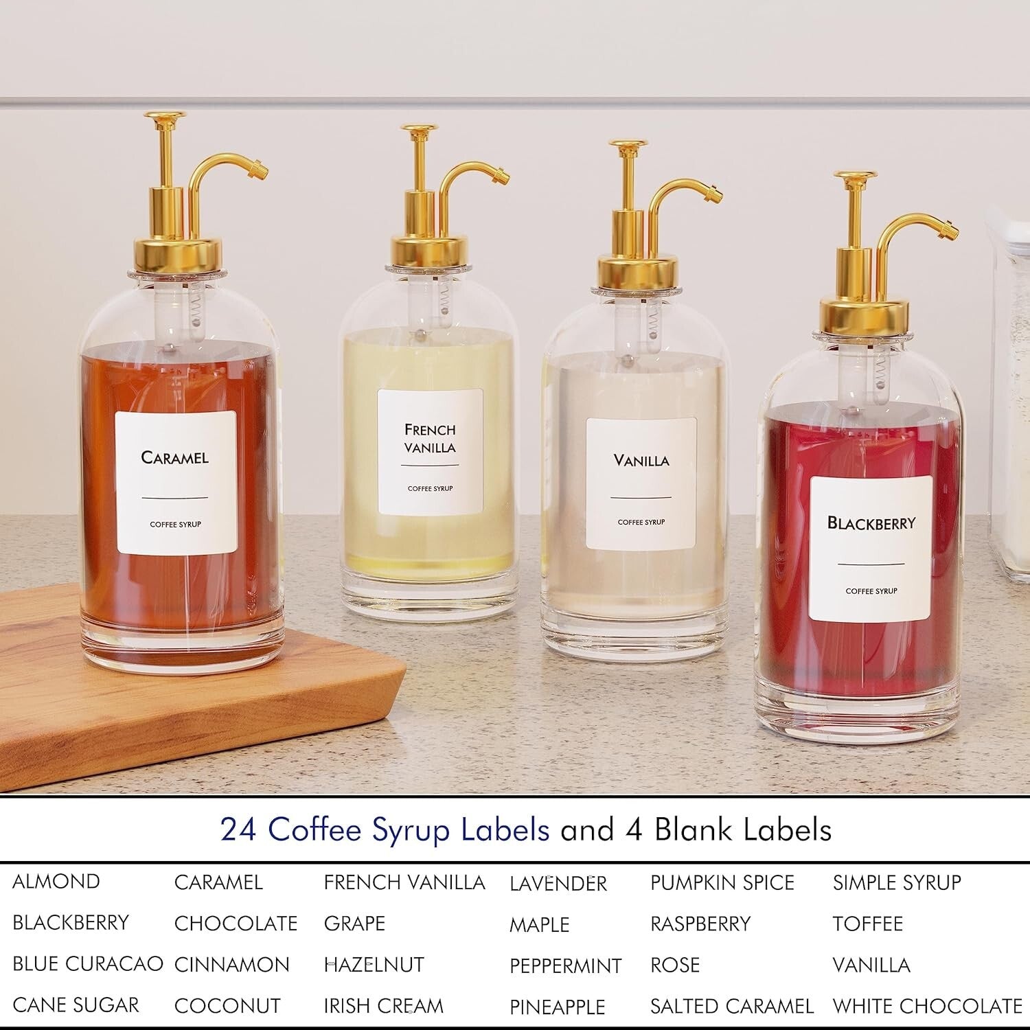 Elegant 6-Piece Glass Coffee Syrup Dispenser Set with Gold Pumps & Labels