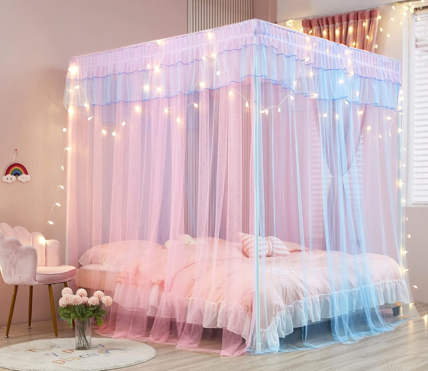 Enchanting Rainbow Canopy Bed Drapes for Girls with 2 Star Lights - Twin Size