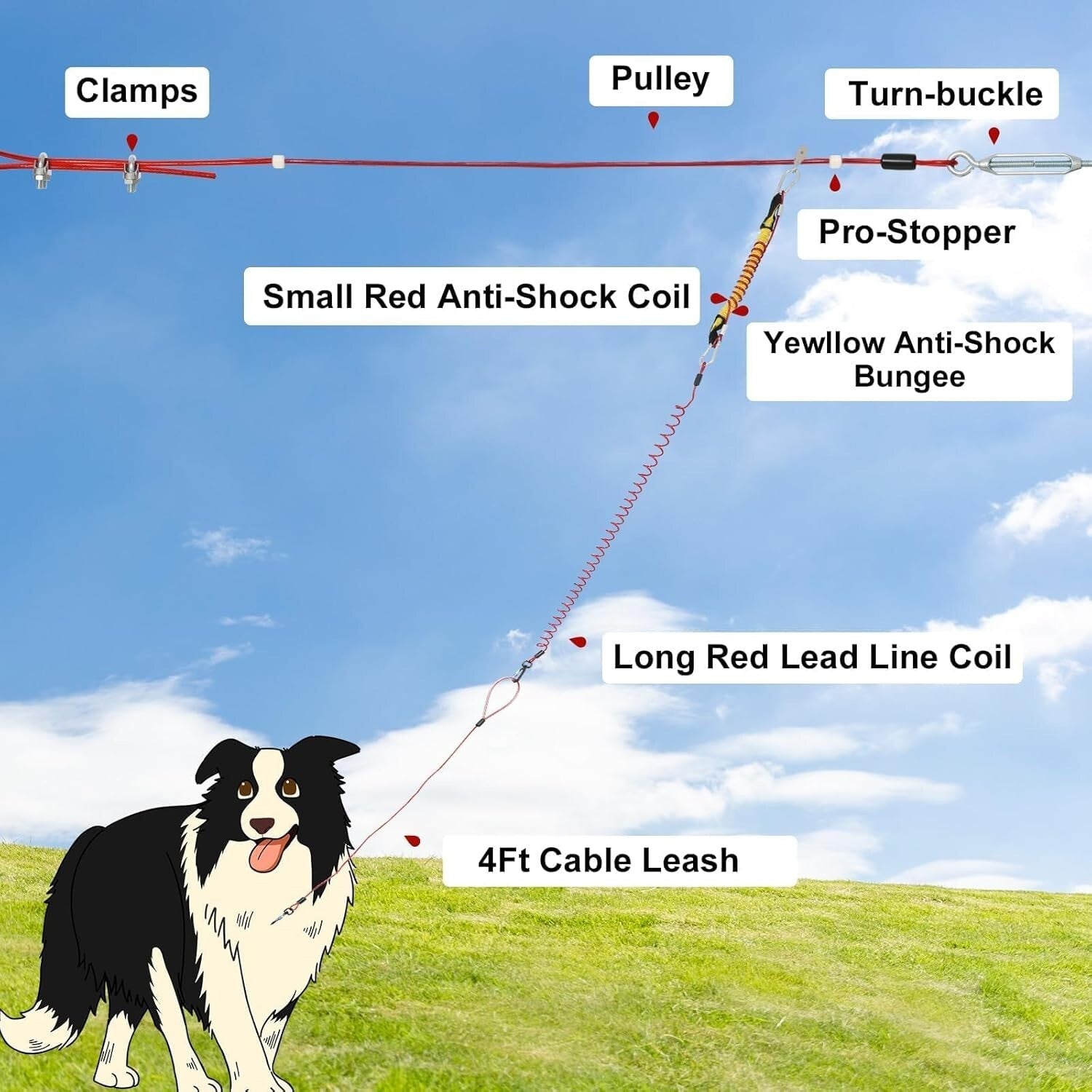 Tangle-Free Heavy-Duty Dog Zip Line - 75ft Anti-Shock System for 300lbs Dogs