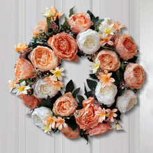 Load image into Gallery viewer, Eye-Catching 20-Inch Spring Wreath Featuring Champagne Gold Roses - Gift Ready