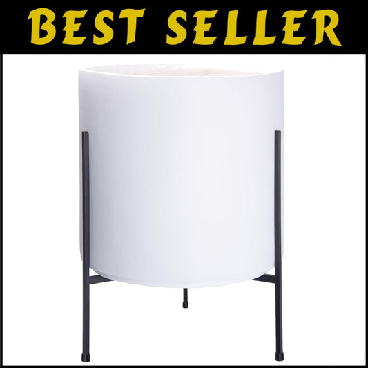 Stylish 16 Inch White Cylinder Plant Pot with Durable Metal Stand—Indoor/Outdoor