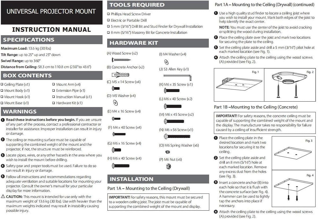 Full Motion Universal Ceiling Projector Mount - Adjustable Height & Extendable