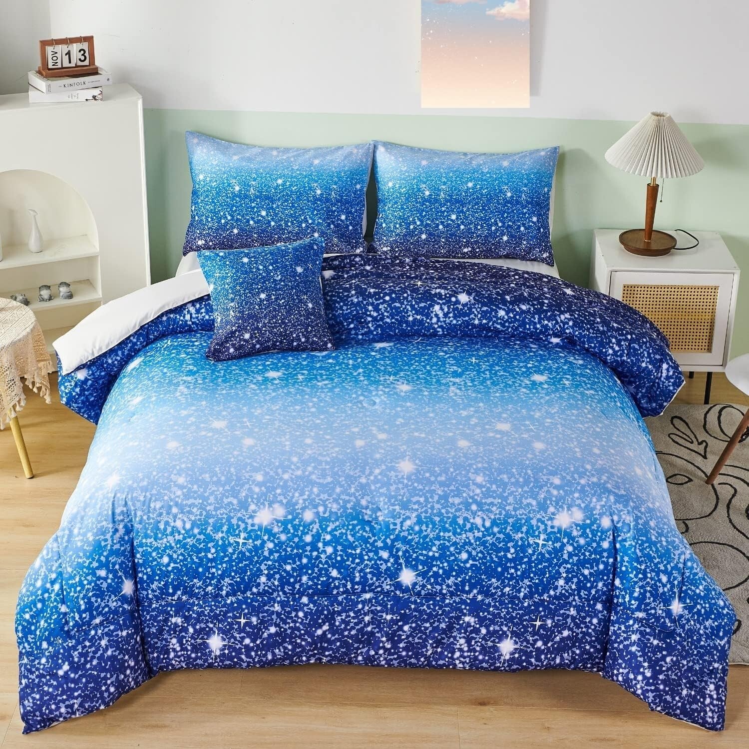 6Pcs Ombre Aqua Blue Glitter Comforter Set for Full Size Beds - Kids Design