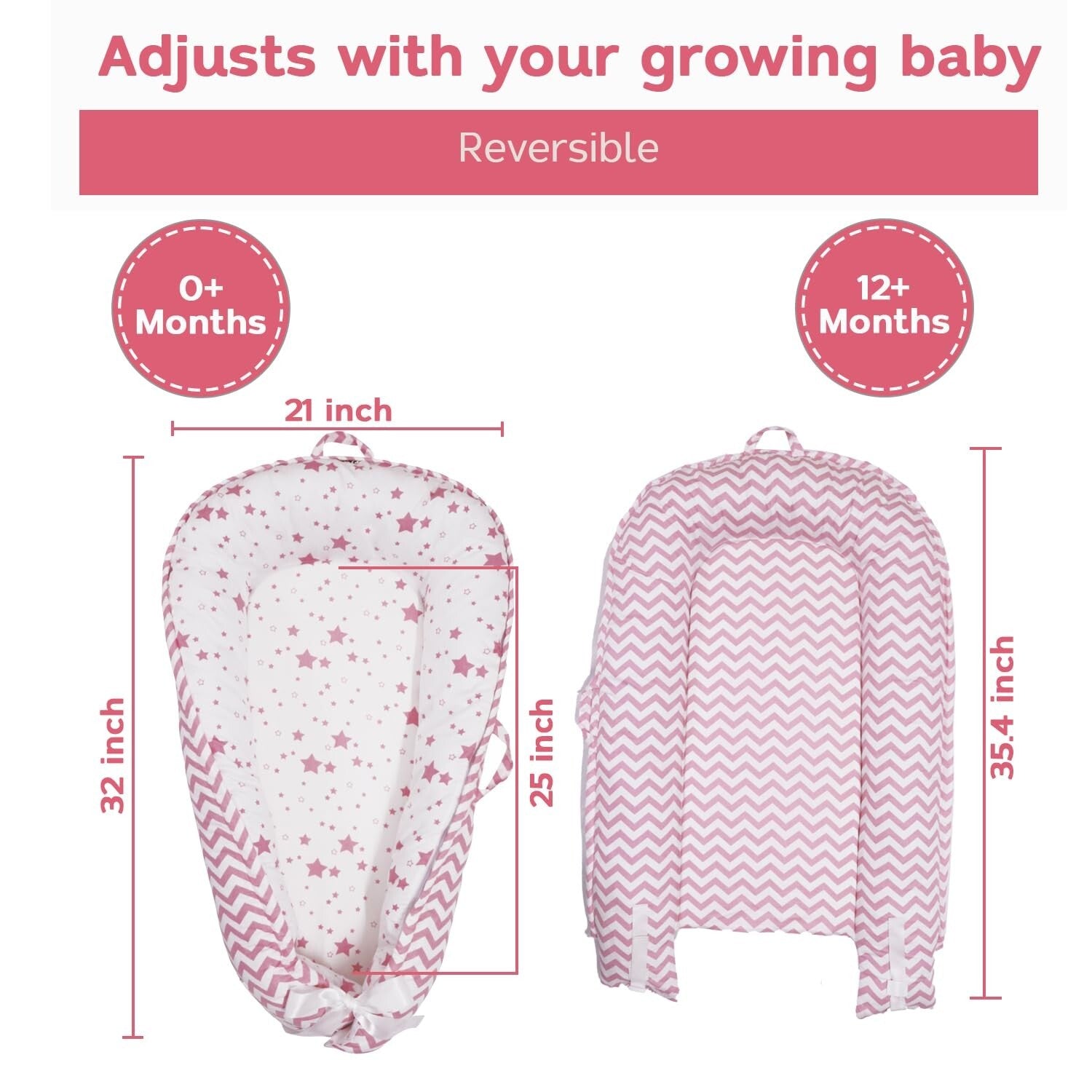 Organic Cotton Baby Nest Lounger - Reversible Adjustable Pink Star Collection