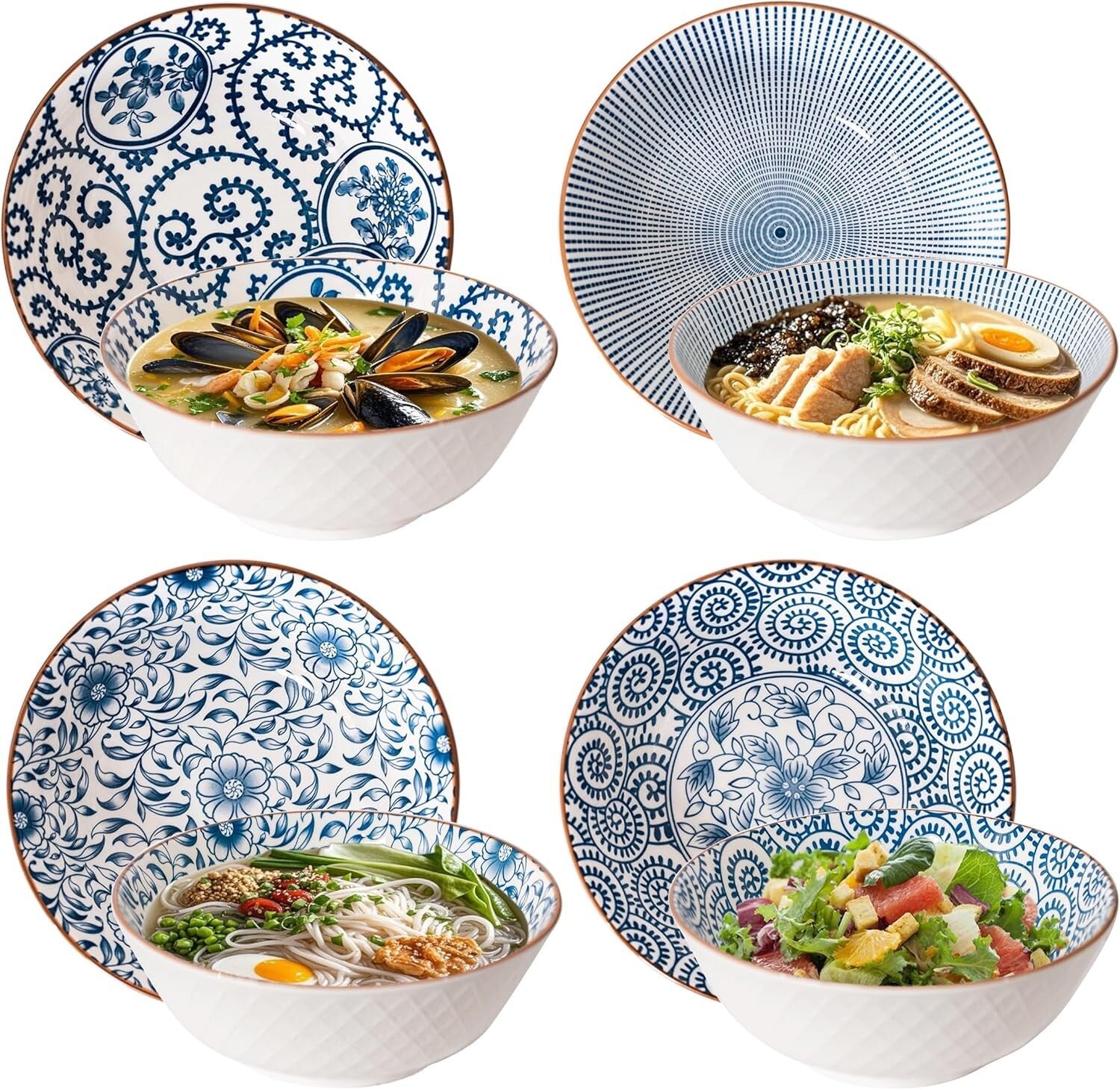 Elegant Ceramic 40 Oz Ramen Bowls Set of 4 - Blue and White Vintage Style