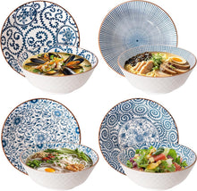 Load image into Gallery viewer, Elegant Ceramic 40 Oz Ramen Bowls Set of 4 - Blue and White Vintage Style